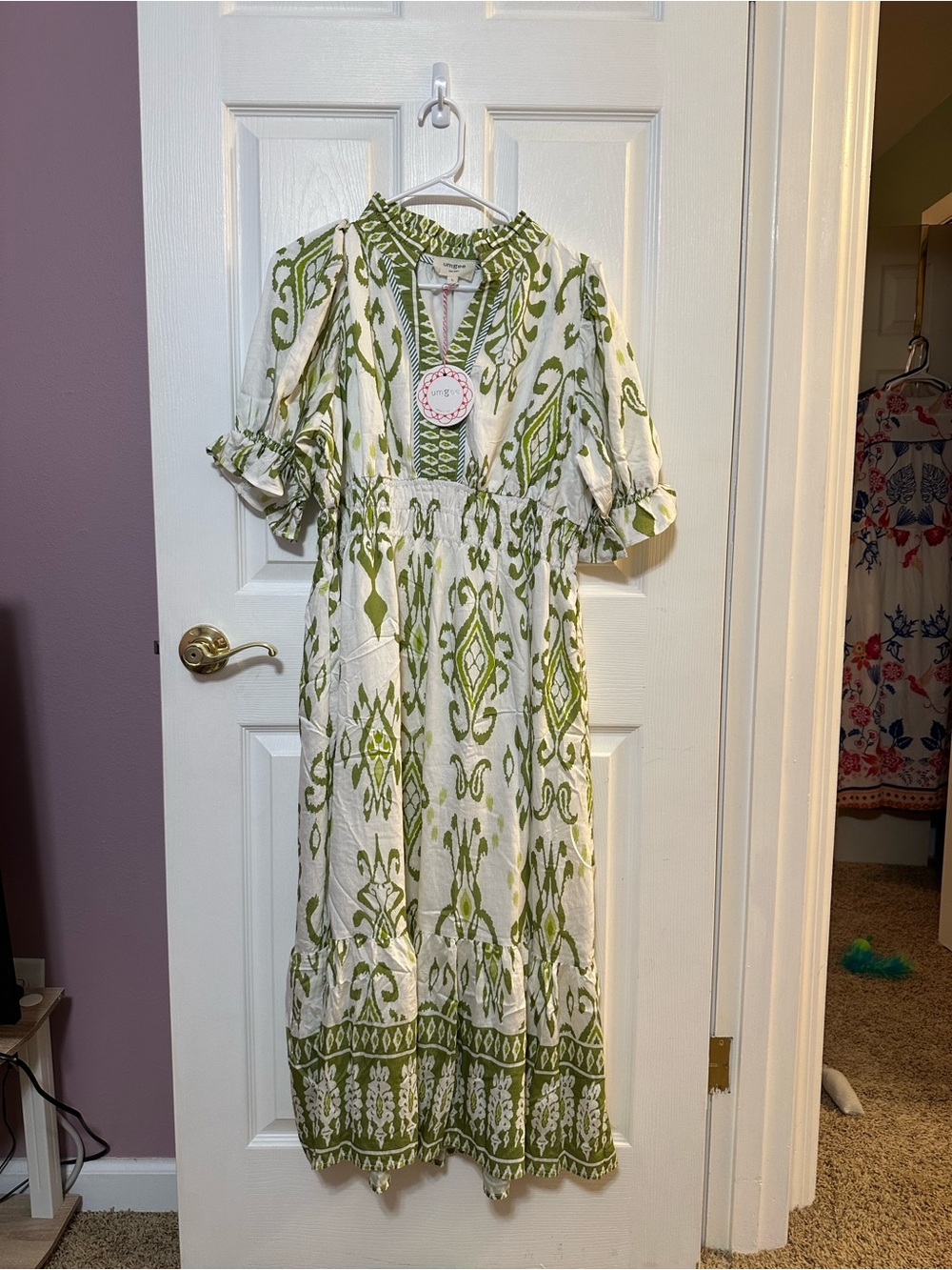 Umgee Large NWT Women's Green and White Printed Midi Dress